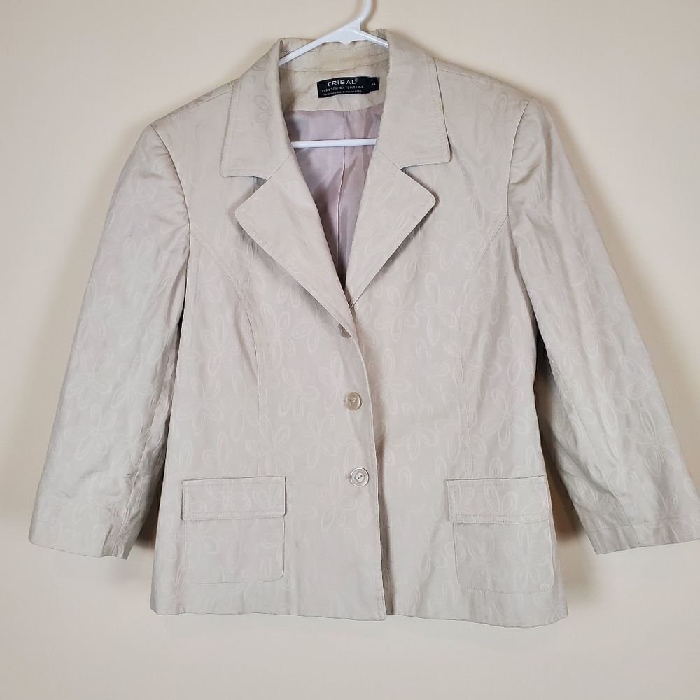 Tribal Flower Print Tan Blazer Jacket Size 12